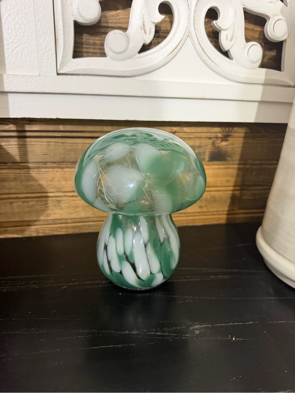Green and White Glass Mushroom Sculpture - Decorative Home Art *Lights up*